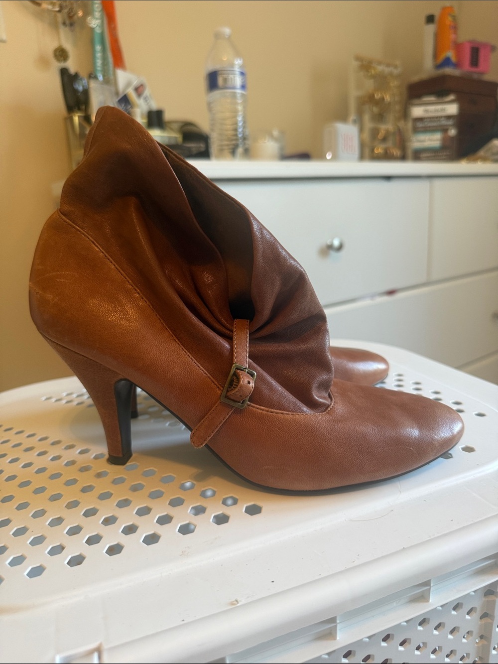 Nine West Tan Leather Slouchy Ankle Booties with Buckle